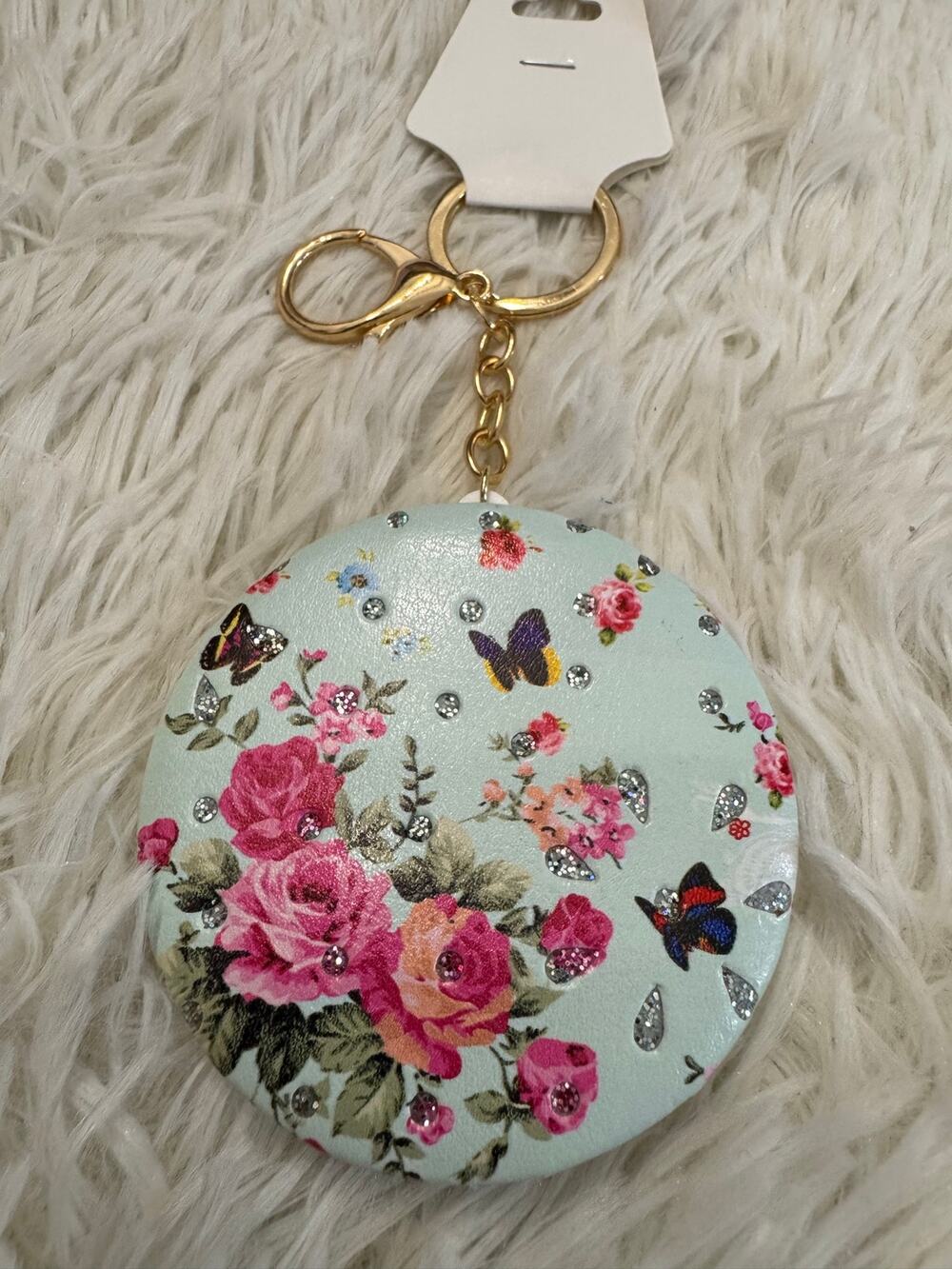 Doble side mirror keychain cushion design flower butterfly with sparkles green